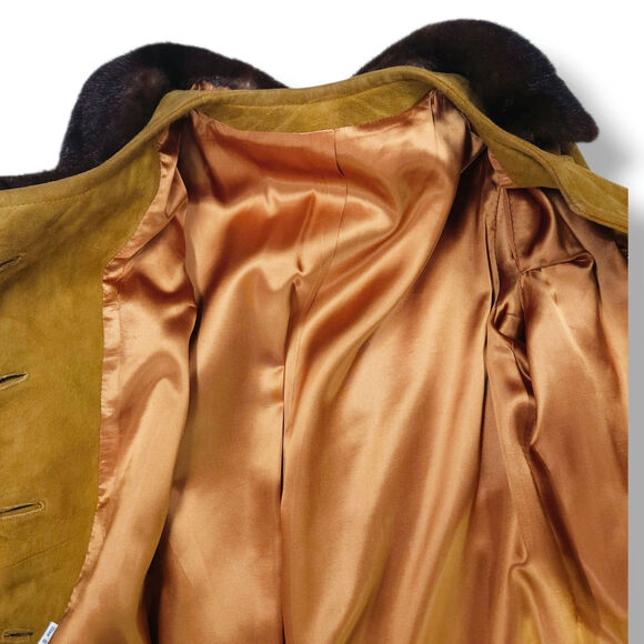 Vintage Suede Leather Fur-Trim Collar Button Front Swing Coat Mustard Ochre 8 - Picture 4 of 11